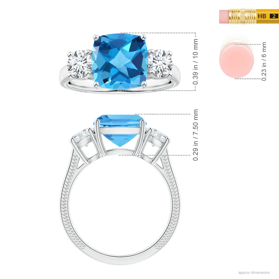 10.02x10.00x6.25mm AAA Three Stone Cushion Swiss Blue Topaz Leaf Ring in White Gold ruler