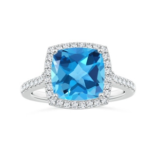 10.02x10.00x6.25mm AAA Cushion Swiss Blue Topaz Halo Ring with Diamonds in 18K White Gold