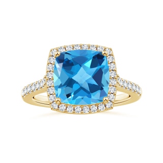 10.02x10.00x6.25mm AAA Cushion Swiss Blue Topaz Halo Ring with Diamonds in 18K Yellow Gold