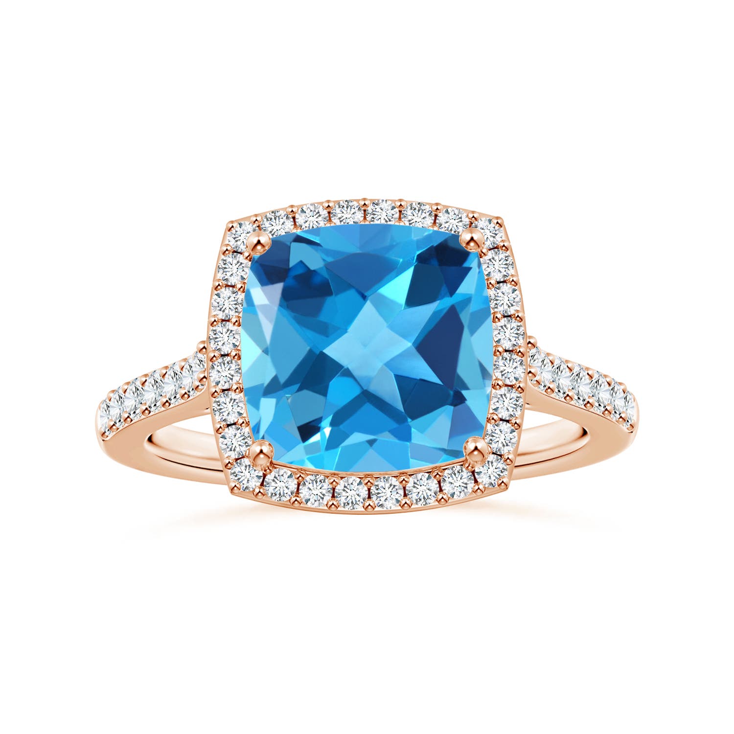 10.02x10.00x6.25mm AAA Cushion Swiss Blue Topaz Halo Ring with Diamonds in Rose Gold