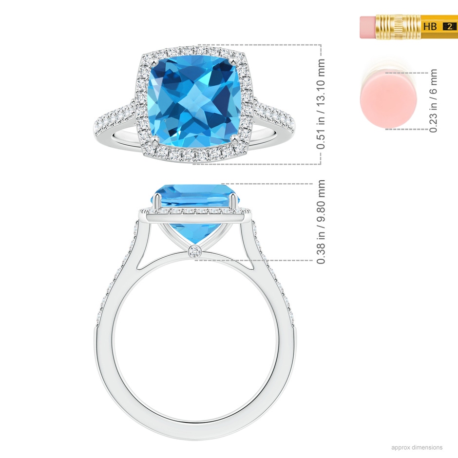 10.02x10.00x6.25mm AAA Cushion Swiss Blue Topaz Halo Ring with Diamonds in White Gold ruler