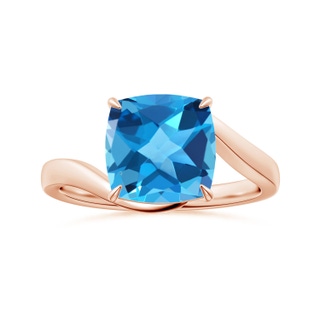 10.12x10.09x6.39mm AAA Solitaire Cushion Swiss Blue Topaz Bypass Ring with Leaf Motifs in 18K Rose Gold