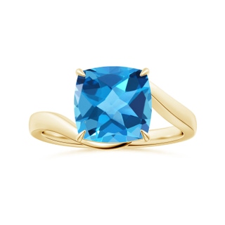 10.12x10.09x6.39mm AAA Solitaire Cushion Swiss Blue Topaz Bypass Ring with Leaf Motifs in 18K Yellow Gold