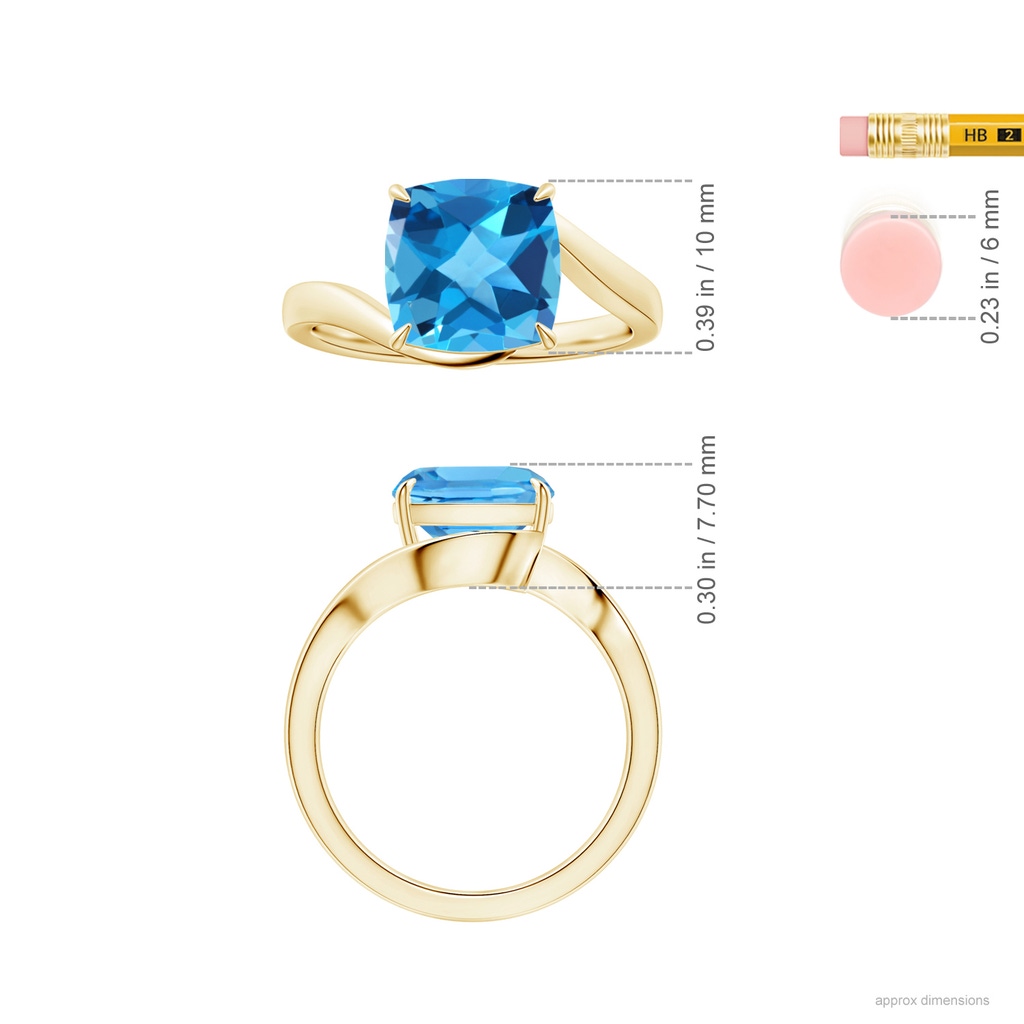 10.12x10.09x6.39mm AAA Solitaire Cushion Swiss Blue Topaz Bypass Ring with Leaf Motifs in 18K Yellow Gold ruler