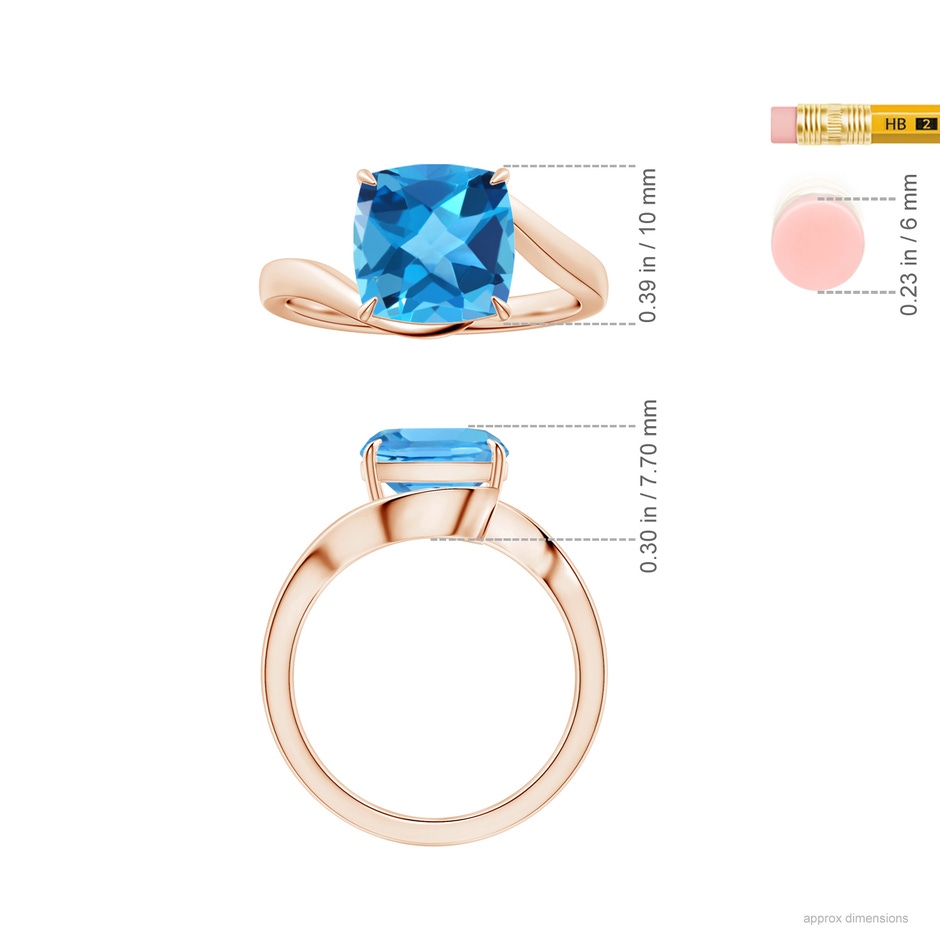 10.12x10.09x6.39mm AAA Solitaire Cushion Swiss Blue Topaz Bypass Ring with Leaf Motifs in 9K Rose Gold ruler