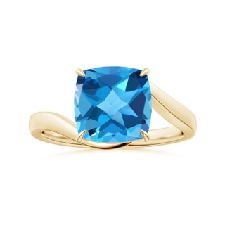 10.12x10.09x6.39mm AAA Solitaire Cushion Swiss Blue Topaz Bypass Ring with Leaf Motifs in 9K Yellow Gold