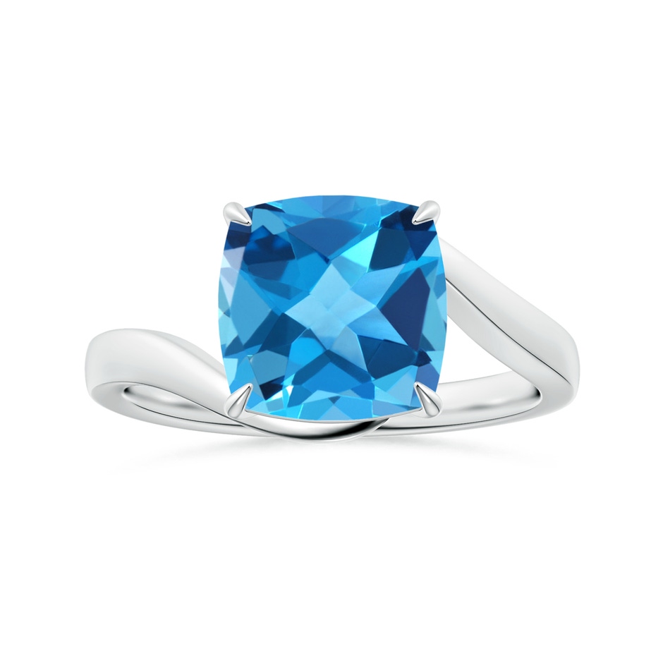 10.12x10.09x6.39mm AAA Solitaire Cushion Swiss Blue Topaz Bypass Ring with Leaf Motifs in White Gold 