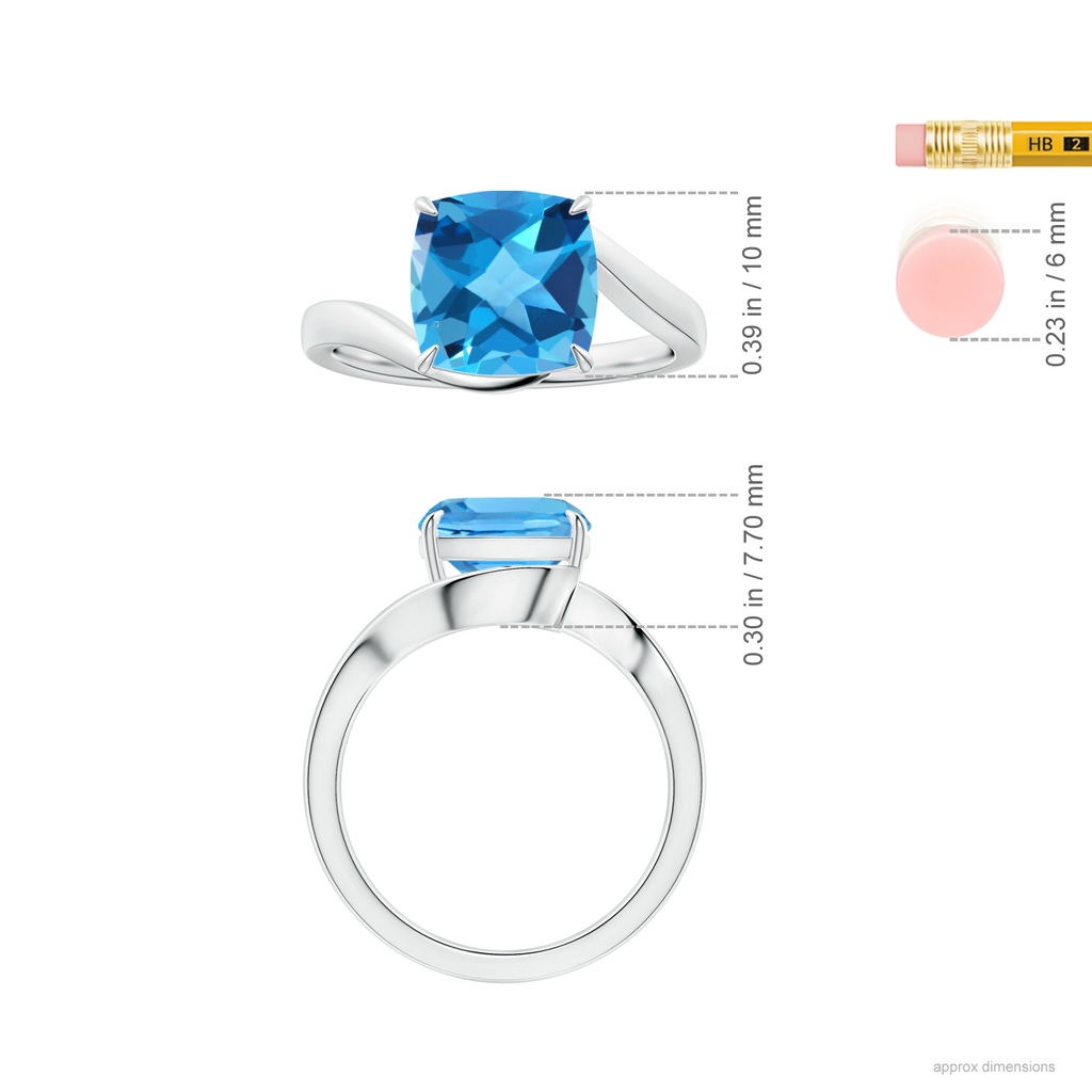 10.12x10.09x6.39mm AAA Solitaire Cushion Swiss Blue Topaz Bypass Ring with Leaf Motifs in White Gold ruler