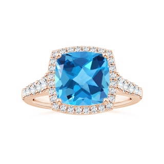 10.12x10.09x6.39mm AAA Cushion Swiss Blue Topaz Tapered Shank Ring with Diamond Halo in 10K Rose Gold
