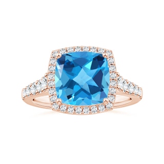 10.12x10.09x6.39mm AAA Cushion Swiss Blue Topaz Tapered Shank Ring with Diamond Halo in 18K Rose Gold