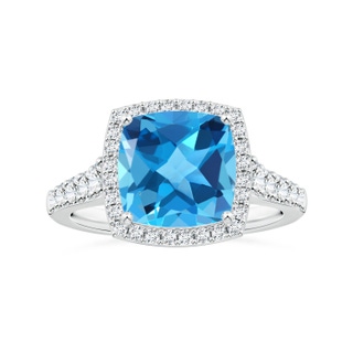 10.12x10.09x6.39mm AAA Cushion Swiss Blue Topaz Tapered Shank Ring with Diamond Halo in 18K White Gold