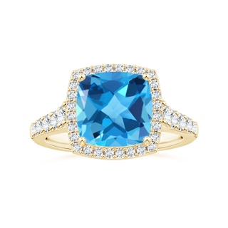 10.12x10.09x6.39mm AAA Cushion Swiss Blue Topaz Tapered Shank Ring with Diamond Halo in 18K Yellow Gold