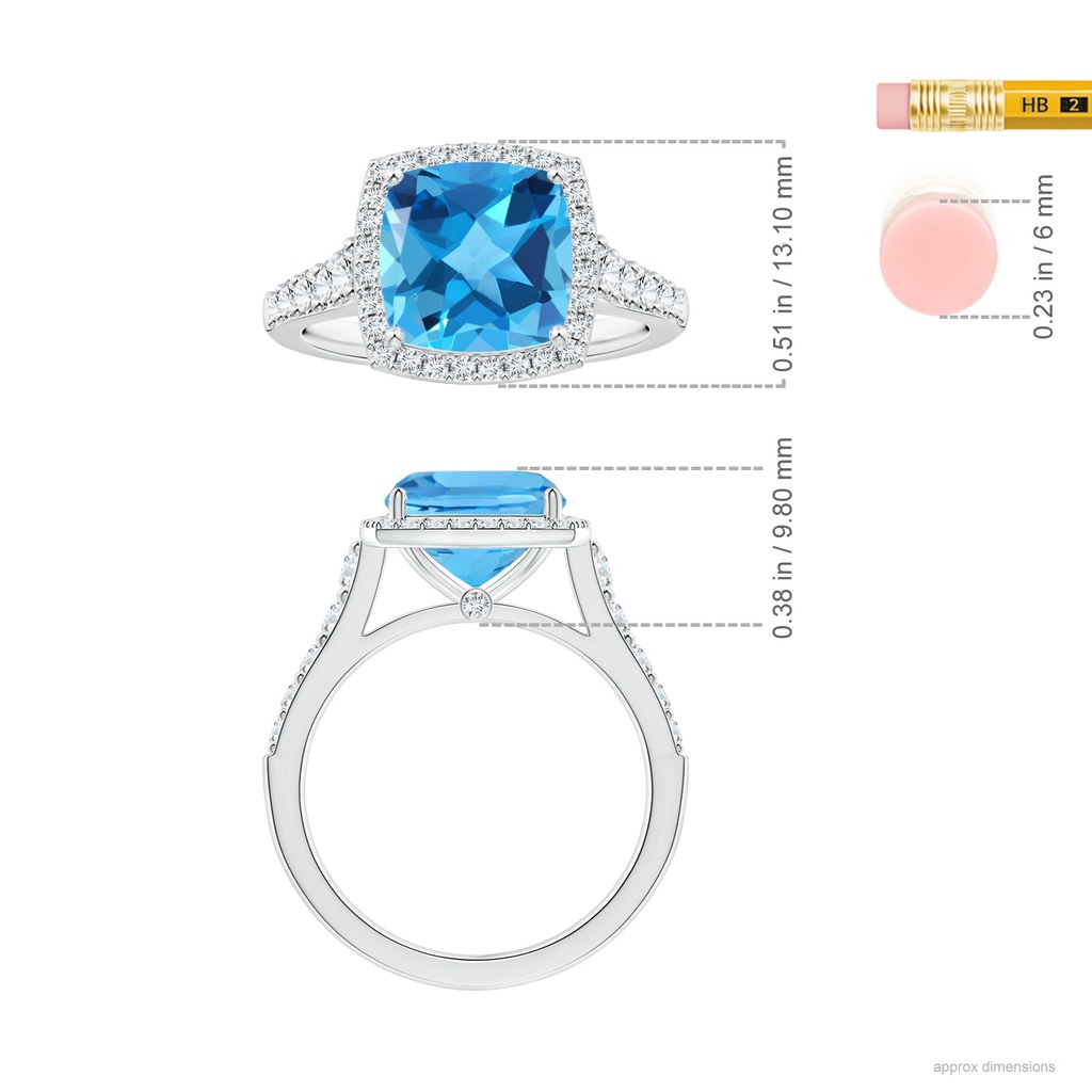 10.12x10.09x6.39mm AAA Cushion Swiss Blue Topaz Tapered Shank Ring with Diamond Halo in White Gold ruler