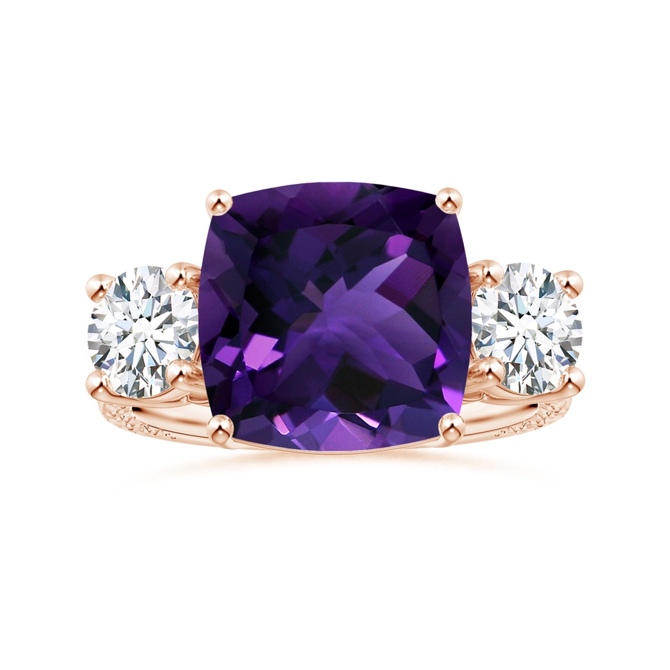 11.12x11.10x7.59mm AAA Three Stone GIA Certified Cushion Amethyst Ring with Scrollwork in Rose Gold 