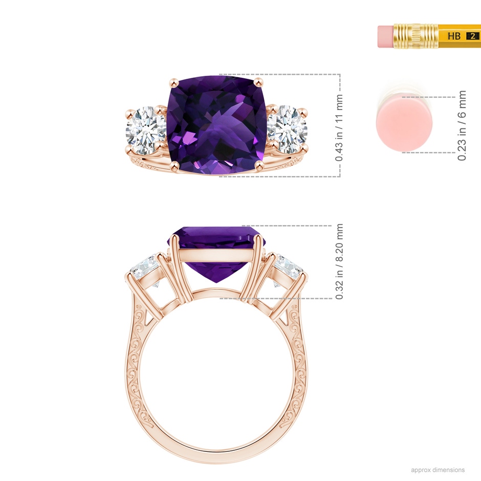 11.12x11.10x7.59mm AAA Three Stone GIA Certified Cushion Amethyst Ring with Scrollwork in Rose Gold ruler
