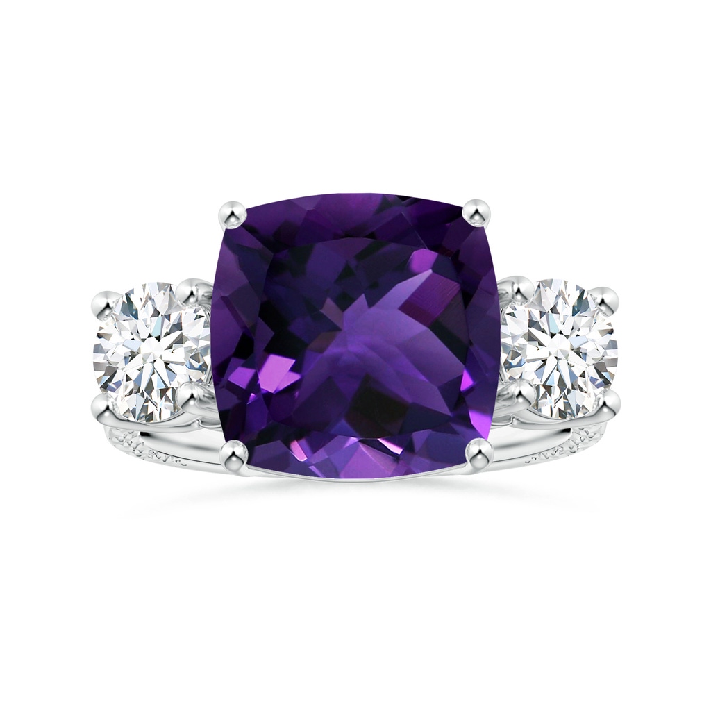 11.12x11.10x7.59mm AAA Three Stone GIA Certified Cushion Amethyst Ring with Scrollwork in White Gold