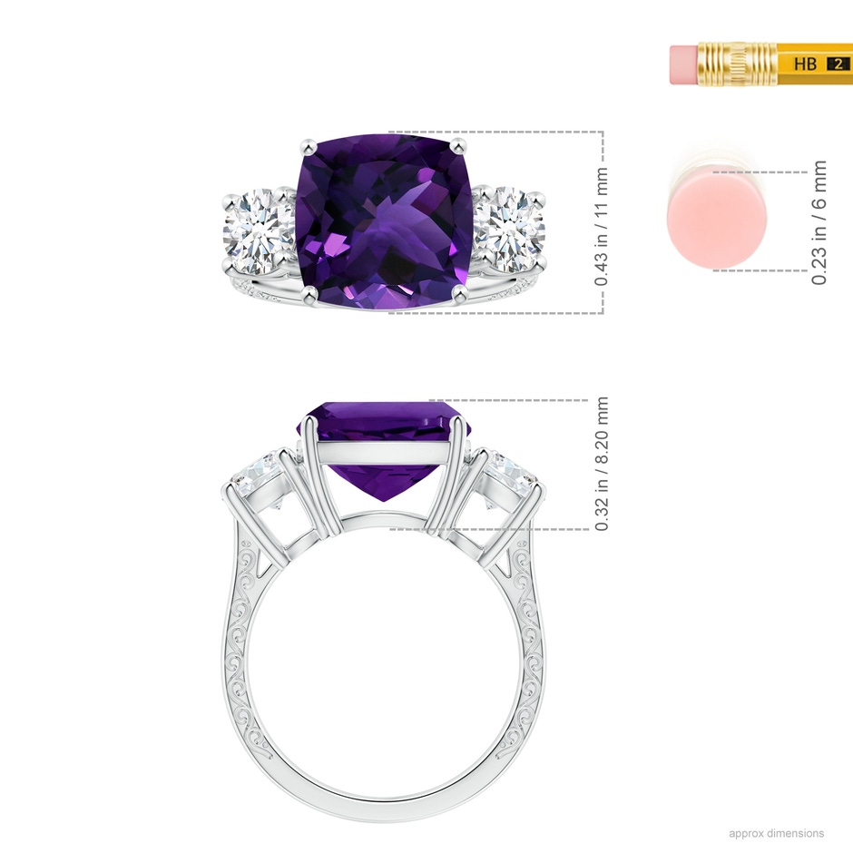 11.12x11.10x7.59mm AAA Three Stone GIA Certified Cushion Amethyst Ring with Scrollwork in White Gold ruler