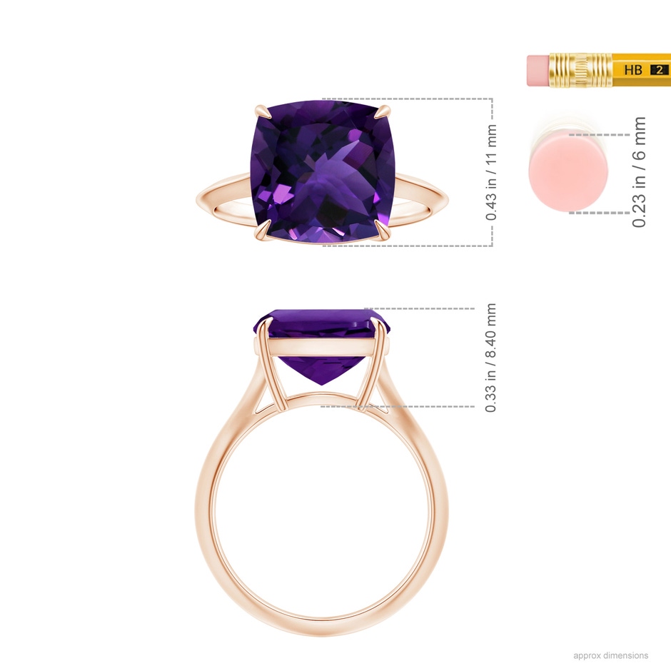 11.12x11.10x7.59mm AAA Claw-Set GIA Certified Solitaire Cushion Amethyst Knife Edge Shank Ring in Rose Gold ruler