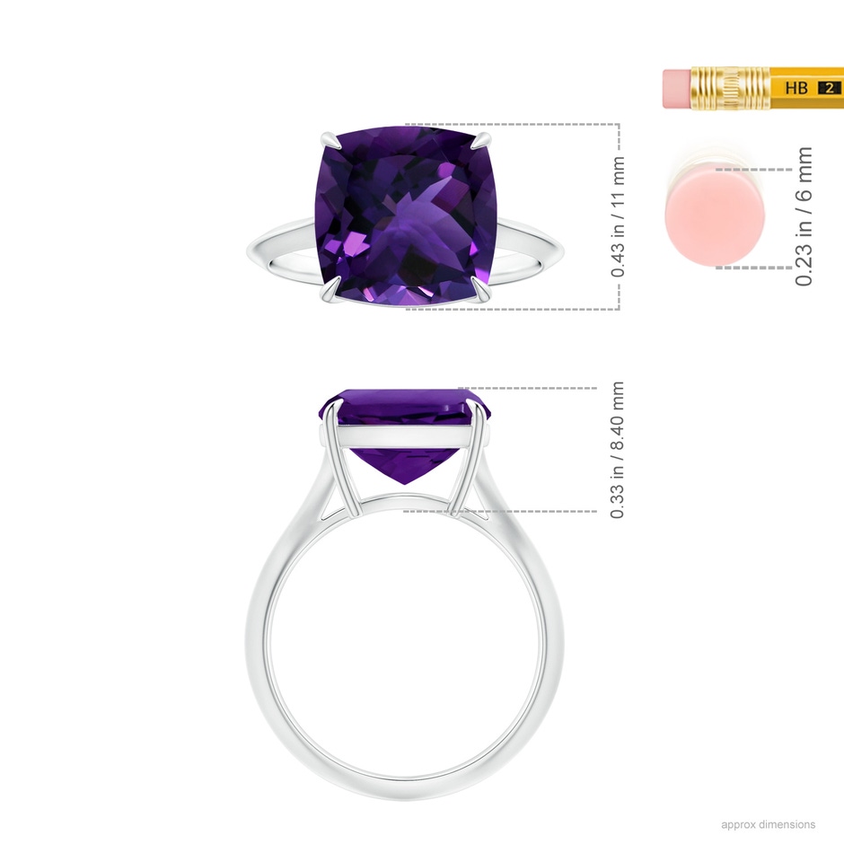 11.12x11.10x7.59mm AAA Claw-Set GIA Certified Solitaire Cushion Amethyst Knife Edge Shank Ring in White Gold ruler