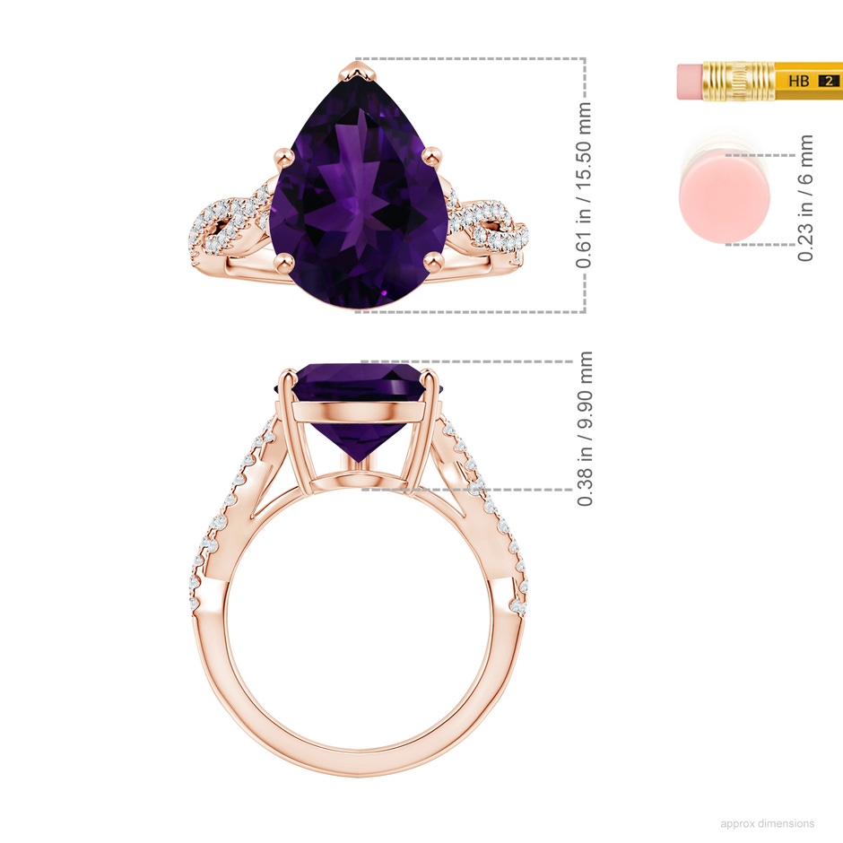 16.16x12.07x7.80mm AAAA GIA Certified Pear-Shaped Amethyst Twisted Shank Ring with Diamonds in 18K Rose Gold ruler