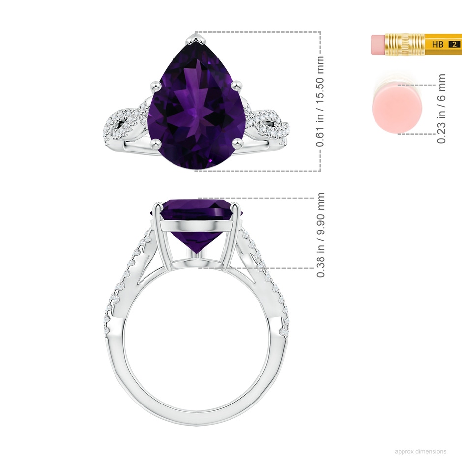 16.16x12.07x7.80mm AAAA GIA Certified Pear-Shaped Amethyst Twisted Shank Ring with Diamonds in P950 Platinum ruler