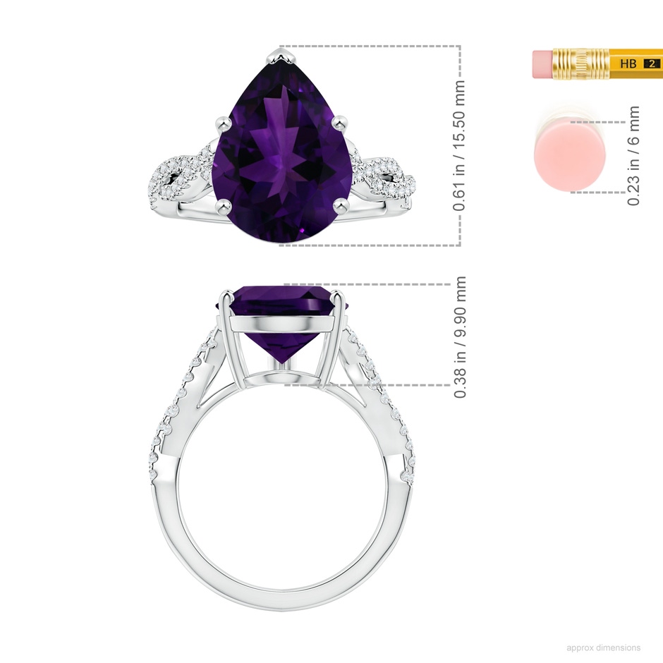 16.16x12.07x7.80mm AAAA GIA Certified Pear-Shaped Amethyst Twisted Shank Ring with Diamonds in White Gold ruler