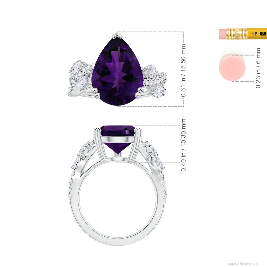 16.16x12.07x7.80mm AAAA Double Prong-Set GIA Certified Pear-Shaped Amethyst Nature Inspired Ring with Diamonds in White Gold ruler