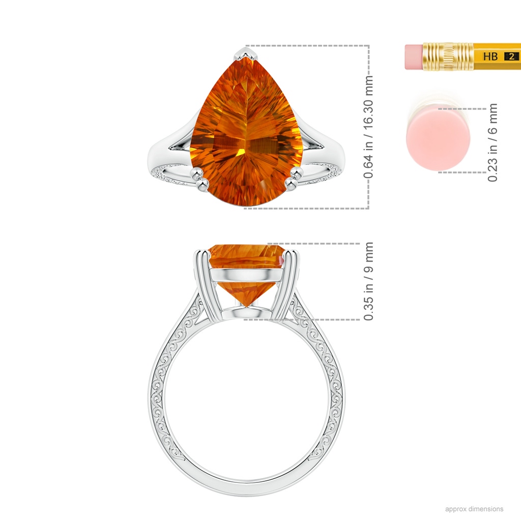 15.05x10.19x7.04mm AAAA Double prong-Set GIA Certified Pear-Shaped Citrine Split Shank Ring with Scrollwork in White Gold ruler