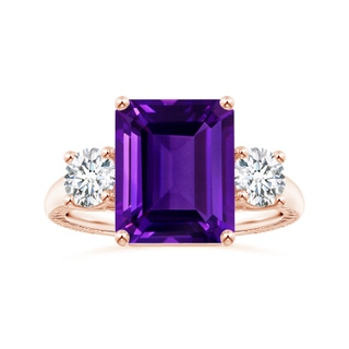 10.92x8.96x5.89mm AAAA Three Stone GIA Certified Emerald-Cut Amethyst Feather Ring with Tapered Shank in 18K Rose Gold