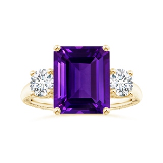 10.92x8.96x5.89mm AAAA Three Stone GIA Certified Emerald-Cut Amethyst Feather Ring with Tapered Shank in 18K Yellow Gold