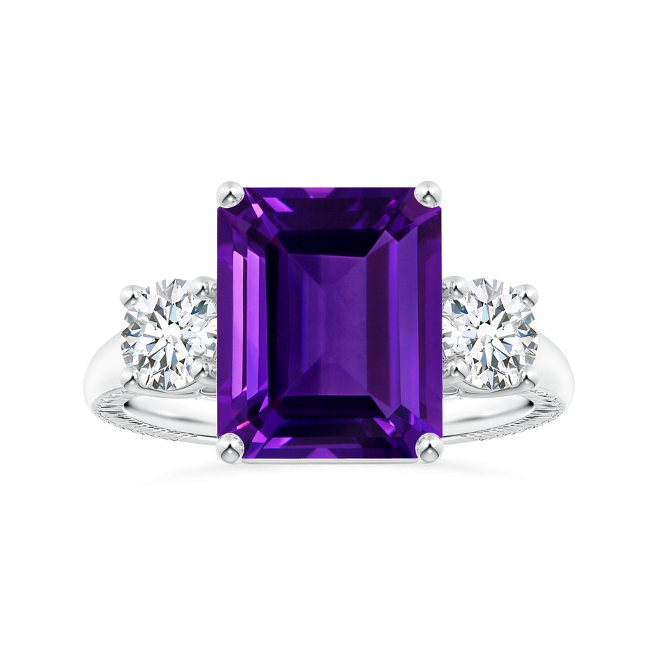 10.92x8.96x5.89mm AAAA Three Stone GIA Certified Emerald-Cut Amethyst Feather Ring with Tapered Shank in White Gold 