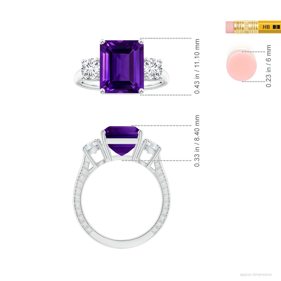 10.92x8.96x5.89mm AAAA Three Stone GIA Certified Emerald-Cut Amethyst Feather Ring with Tapered Shank in White Gold ruler