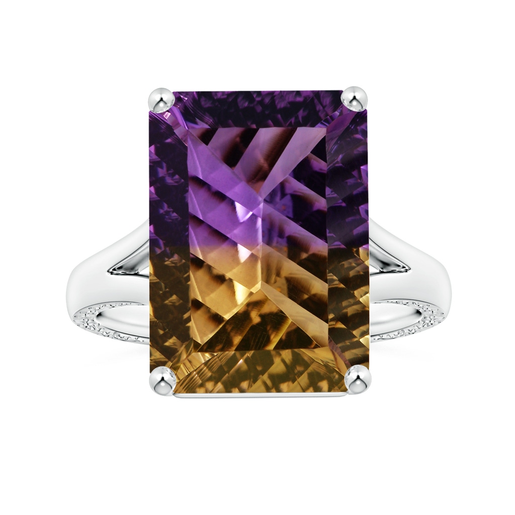 18.04x13.10x7.86mm AAAA Claw-Set GIA Certified Solitaire Emerald-Cut Ametrine Split Shank Ring with Scrollwork in P950 Platinum