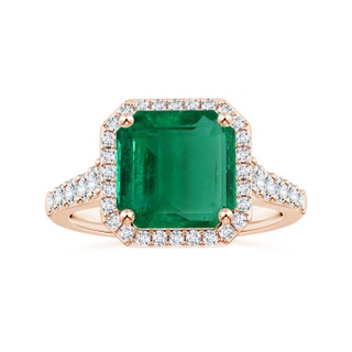 11.20x9.03x5.78mm AAA GIA Certified Emerald-Cut Emerald Tapered Shank Ring with Diamond Halo in 10K Rose Gold