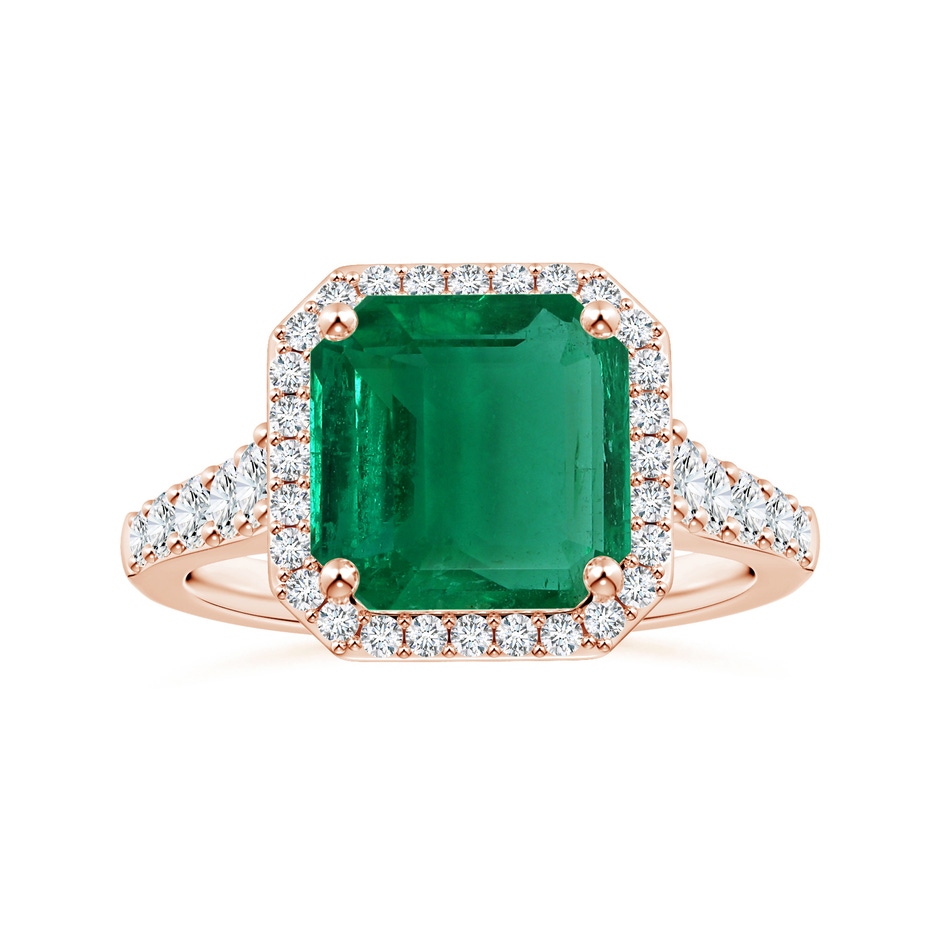 11.20x9.03x5.78mm AAA GIA Certified Emerald-Cut Emerald Tapered Shank Ring with Diamond Halo in 18K Rose Gold 