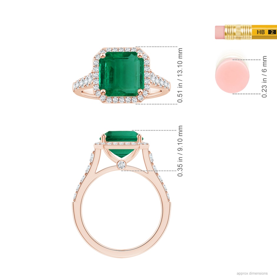 11.20x9.03x5.78mm AAA GIA Certified Emerald-Cut Emerald Tapered Shank Ring with Diamond Halo in 18K Rose Gold ruler