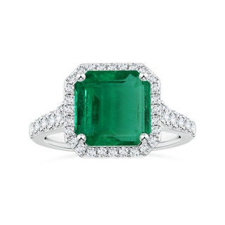 11.20x9.03x5.78mm AAA GIA Certified Emerald-Cut Emerald Tapered Shank Ring with Diamond Halo in P950 Platinum