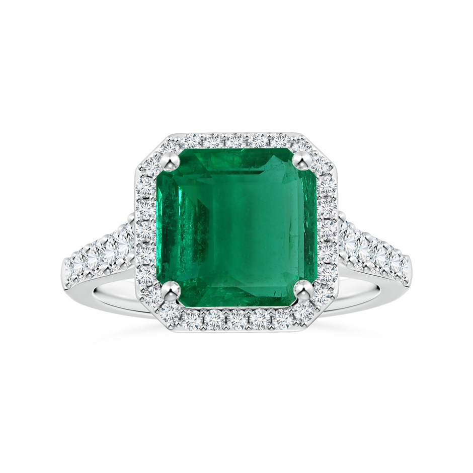 11.20x9.03x5.78mm AAA GIA Certified Emerald-Cut Emerald Tapered Shank Ring with Diamond Halo in P950 Platinum 