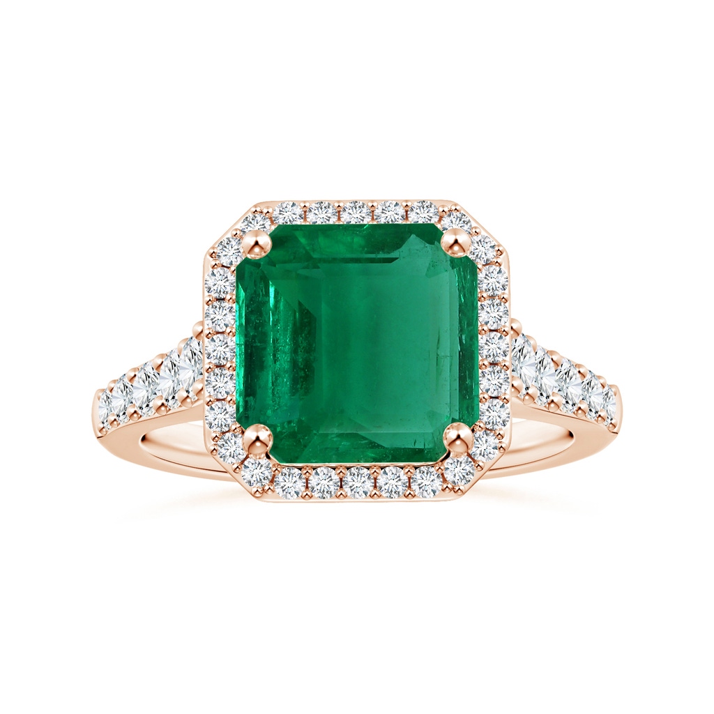 11.20x9.03x5.78mm AAA GIA Certified Emerald-Cut Emerald Tapered Shank Ring with Diamond Halo in Rose Gold