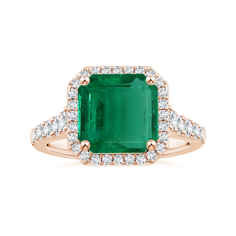 11.20x9.03x5.78mm AAA GIA Certified Emerald-Cut Emerald Tapered Shank Ring with Diamond Halo in Rose Gold 