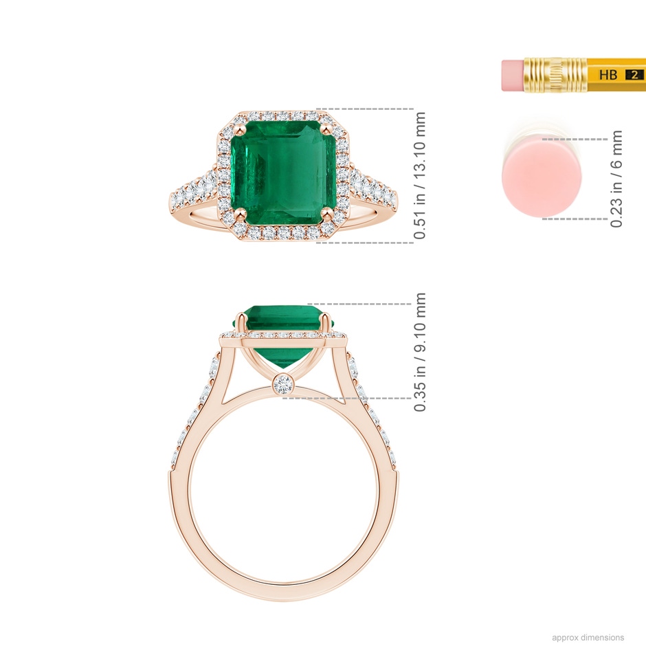 11.20x9.03x5.78mm AAA GIA Certified Emerald-Cut Emerald Tapered Shank Ring with Diamond Halo in Rose Gold ruler