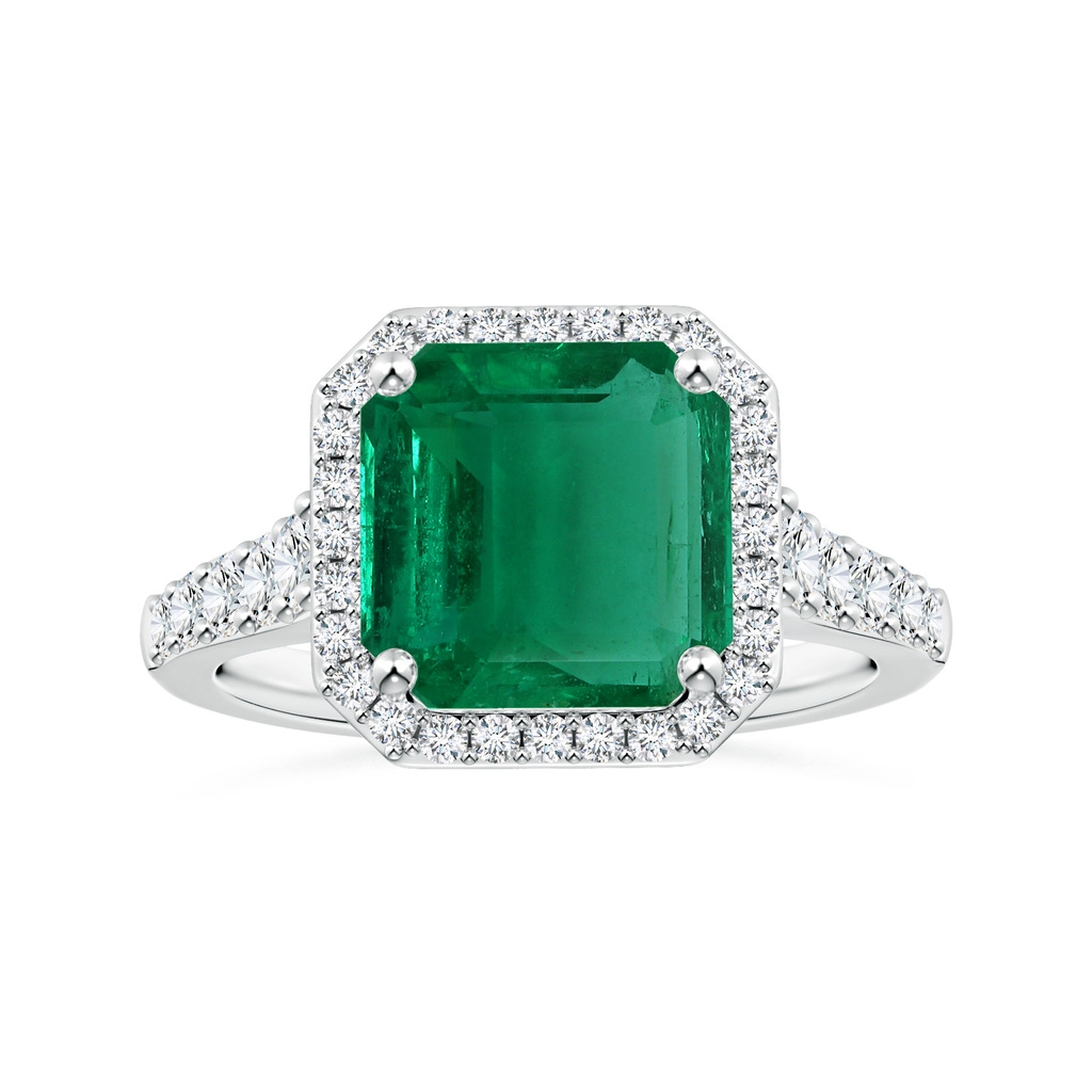 11.20x9.03x5.78mm AAA GIA Certified Emerald-Cut Emerald Tapered Shank Ring with Diamond Halo in White Gold