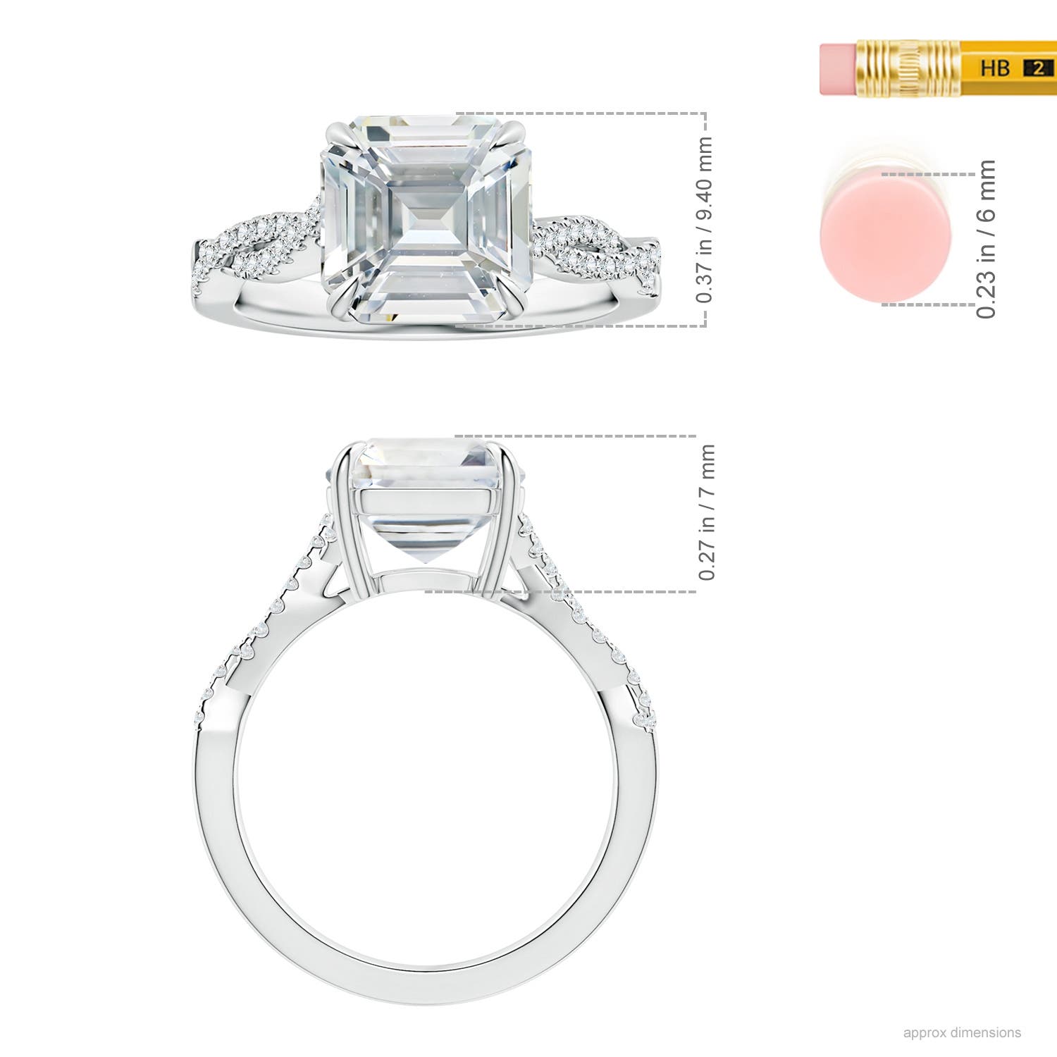 9.40x9.24x6.16mm AAAA Claw-Set GIA Certified Emerald-Cut White Sapphire Twist Shank Ring in 18CT White Gold - ruler