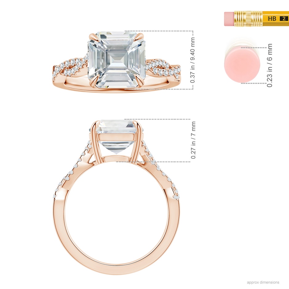 9.40x9.24x6.16mm AAAA Claw-Set GIA Certified Emerald-Cut White Sapphire Twist Shank Ring in Rose Gold ruler