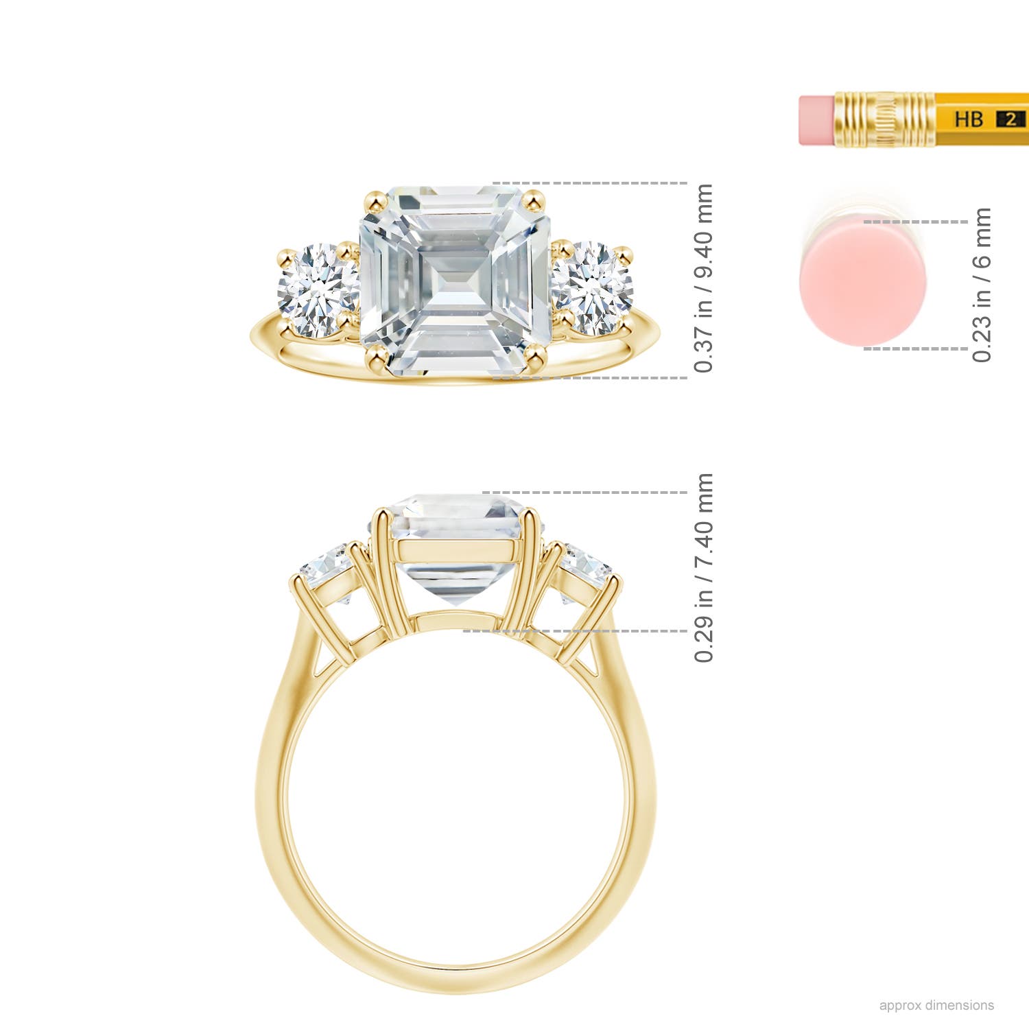9.40x9.24x6.16mm AAAA Three Stone GIA Certified Emerald-Cut White Sapphire Knife-Edge Ring in 18CT Yellow Gold - ruler