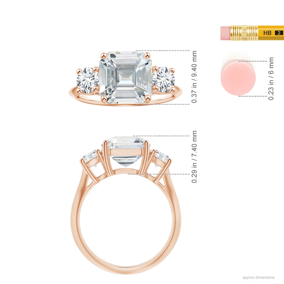 9.40x9.24x6.16mm AAAA Three Stone GIA Certified Emerald-Cut White Sapphire Knife-Edge Ring in Rose Gold ruler