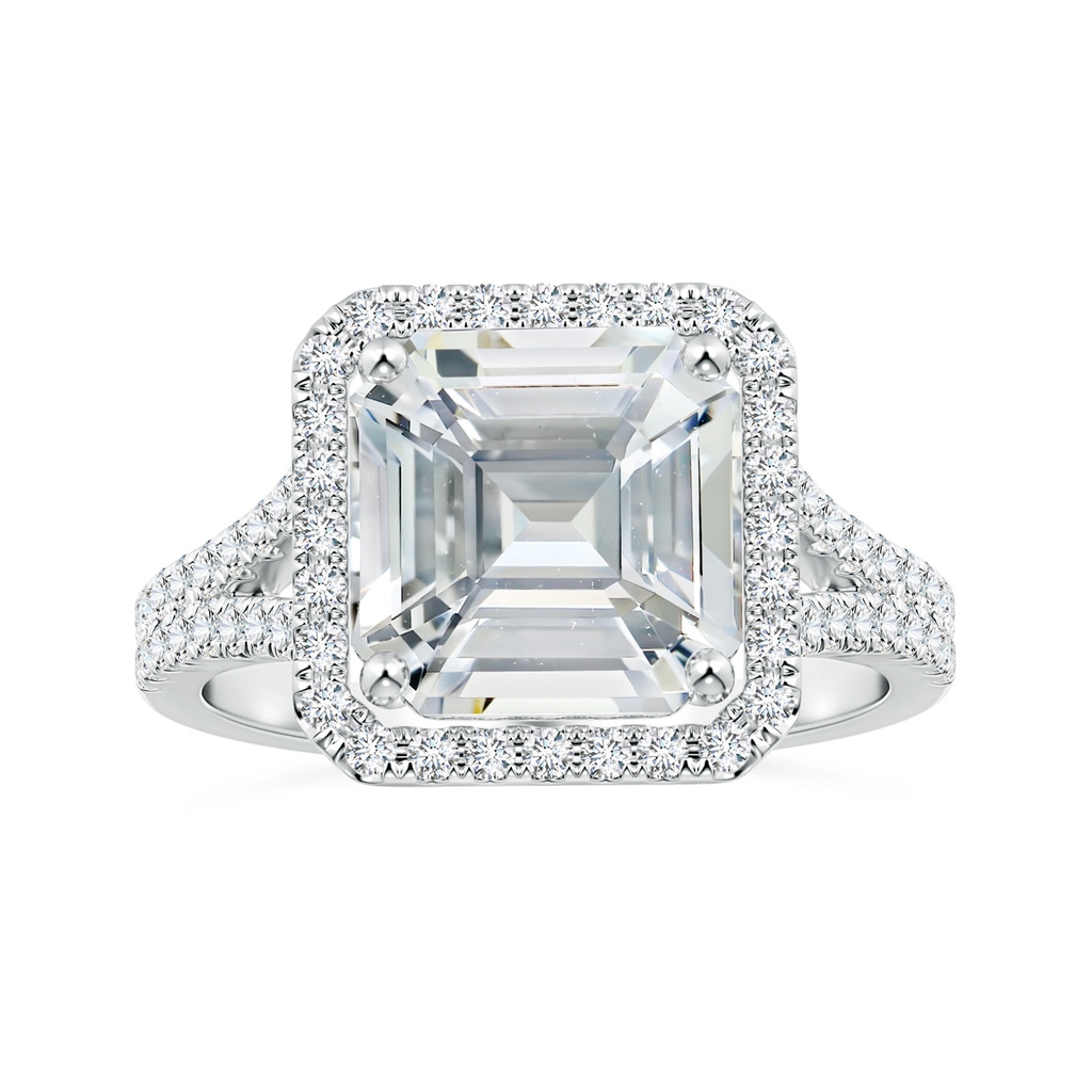 9.40x9.24x6.16mm AAAA GIA Certified Emerald-Cut White Sapphire Split Shank Ring with Halo  in 18K White Gold