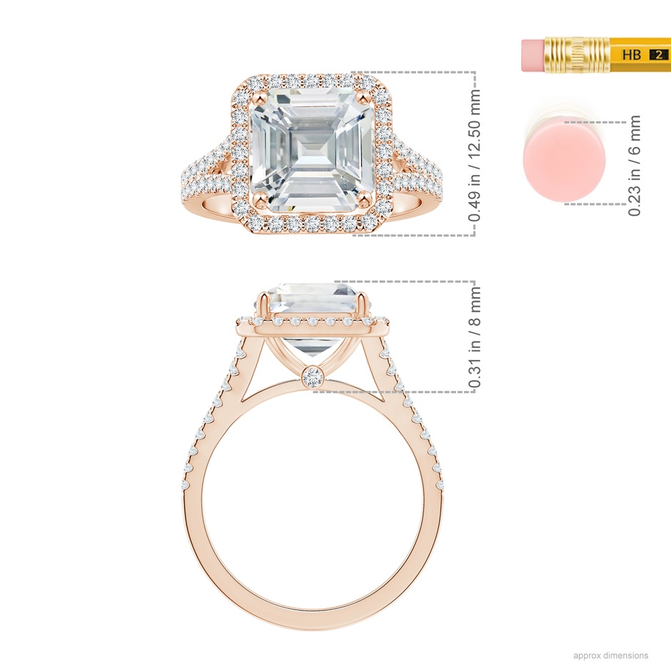 9.40x9.24x6.16mm AAAA GIA Certified Emerald-Cut White Sapphire Split Shank Ring with Halo  in Rose Gold ruler