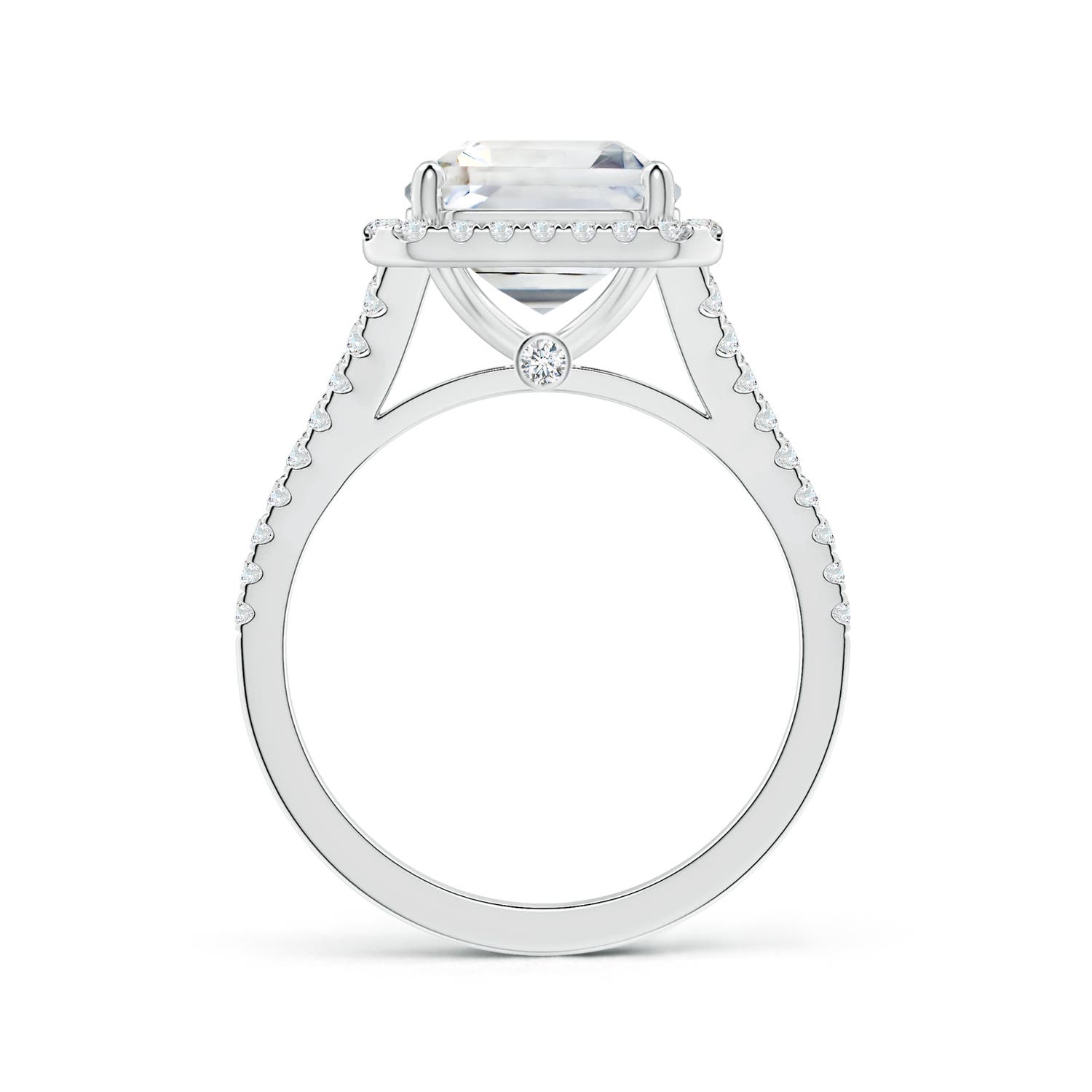 9.40x9.24x6.16mm AAAA GIA Certified Emerald-Cut White Sapphire Split Shank Ring with Halo in White Gold - side 2