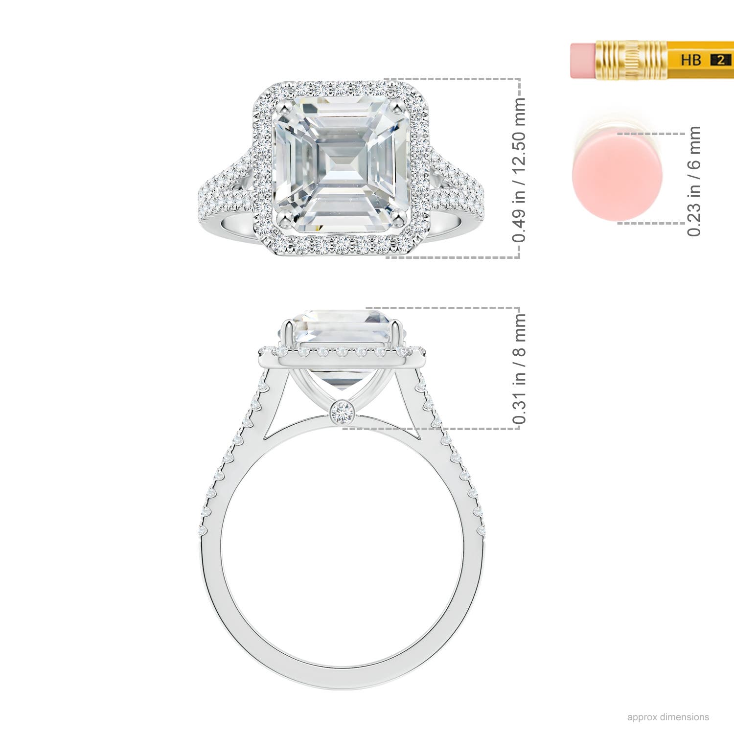 9.40x9.24x6.16mm AAAA GIA Certified Emerald-Cut White Sapphire Split Shank Ring with Halo in White Gold - ruler